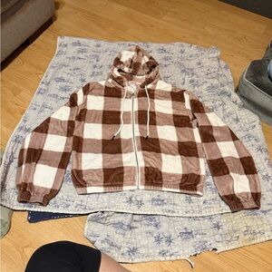 Cozy Checkered Teddy Jacket in Brown and White